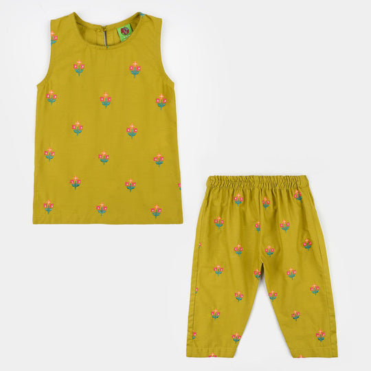 Infant Girls Cotton Poplin Emb 2Pcs Little Blooming-Olive.Green