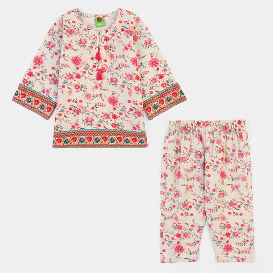 Infant Girls Cotton Slub Printed 2Pcs Rose-Multi