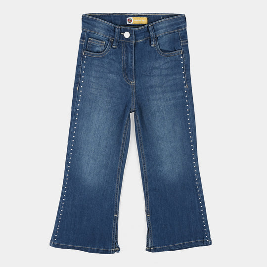 Girls Denim rigid Pant Slit-Mid Blue