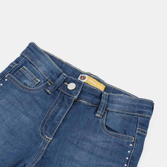 Girls Denim rigid Pant Slit-Mid Blue