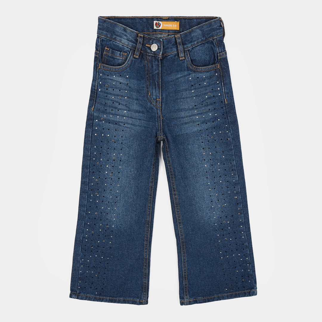 Girls Pearl Embellished Rigid Denim Wide-Leg Pants – Dark Blue
