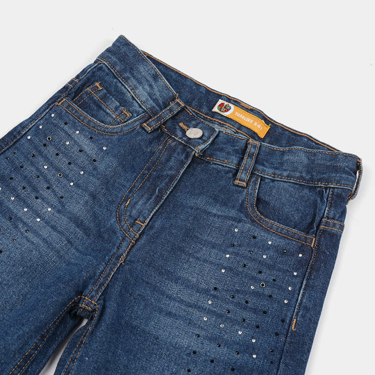 Girls Pearl Embellished Rigid Denim Wide-Leg Pants – Dark Blue