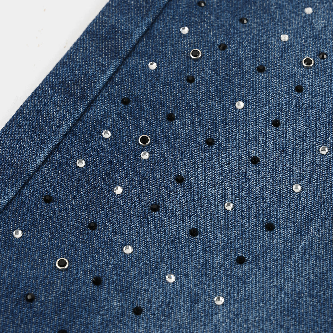 Girls Pearl Embellished Rigid Denim Wide-Leg Pants – Dark Blue