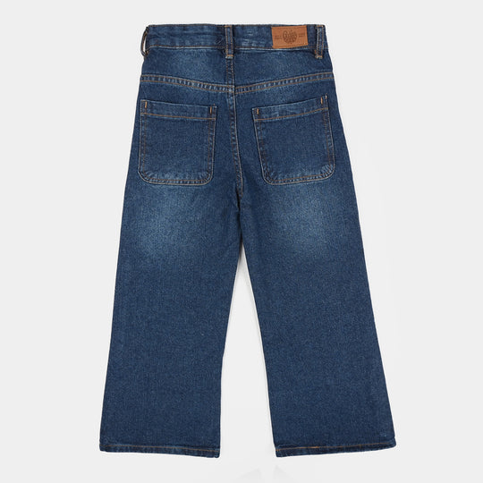 Girls Pearl Embellished Rigid Denim Wide-Leg Pants – Dark Blue