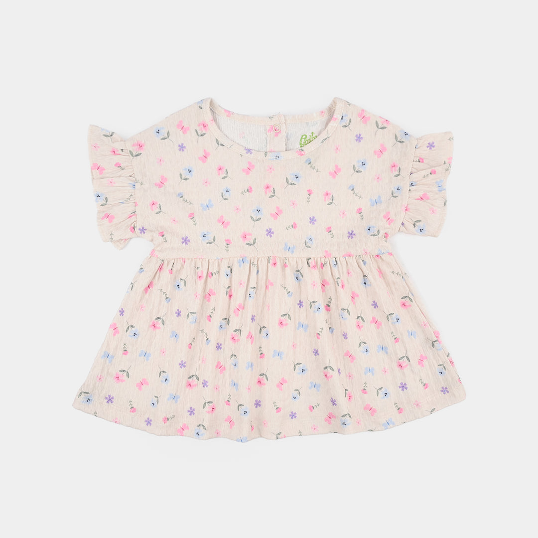 Infant Girls Poly Crinkle Frock Flower & Butterfly-BROWN
