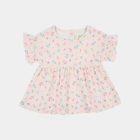Infant Girls Poly Crinkle Frock Flower & Butterfly-BROWN