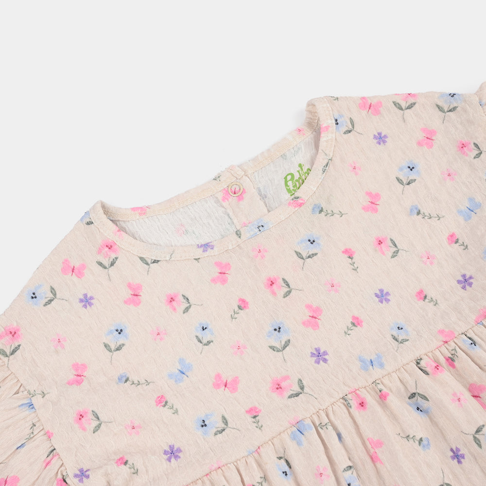 Infant Girls Poly Crinkle Frock Flower & Butterfly-BROWN