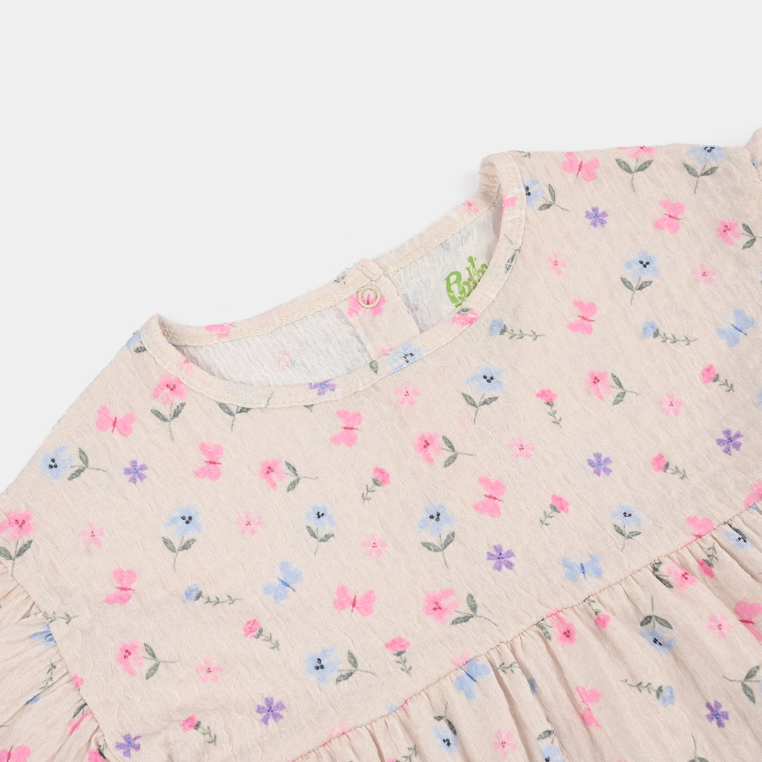 Infant Girls Poly Crinkle Frock Flower & Butterfly-BROWN