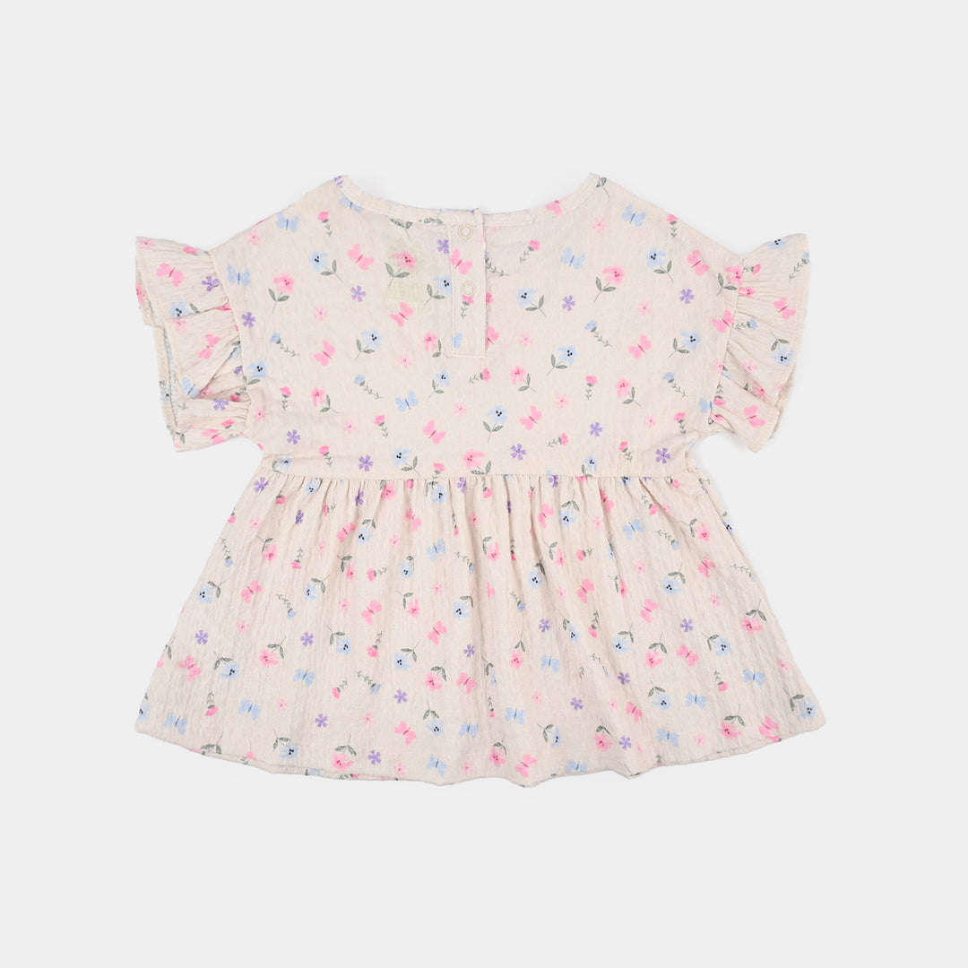 Infant Girls Poly Crinkle Frock Flower & Butterfly-BROWN