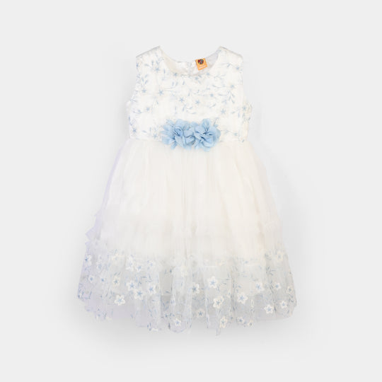 Girls Net Fancy Frock Glitter Flowers-WHITE