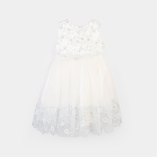 Girls Net Fancy Frock Glitter Flowers-WHITE