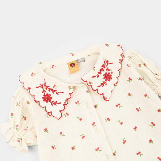 Girls Poly Crinkle Emb Top Pery-White