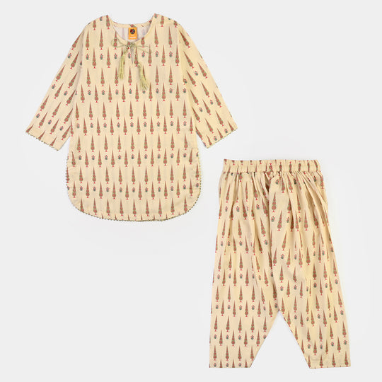 Girls Cotton Printed 2 Pcs Ehtenic-Cream
