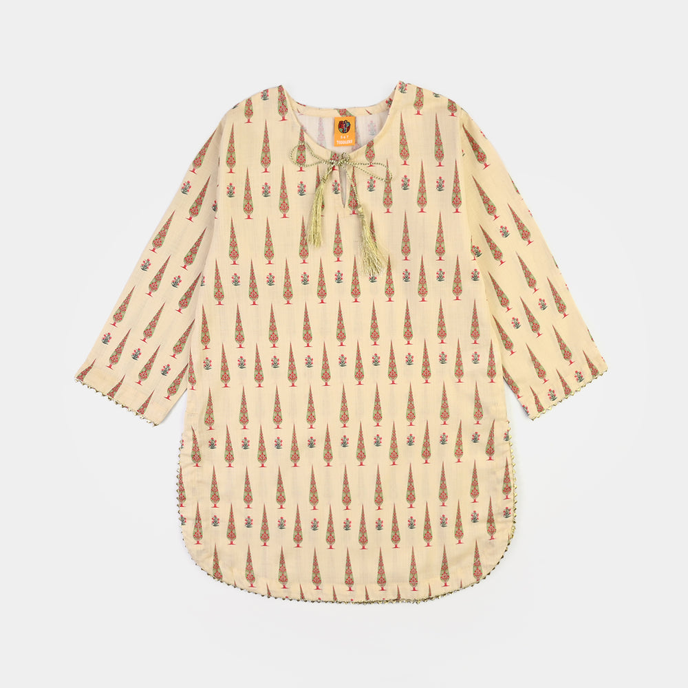 Girls Cotton Printed 2 Pcs Ehtenic-Cream