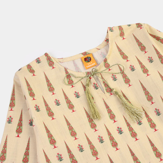 Girls Cotton Printed 2 Pcs Ehtenic-Cream