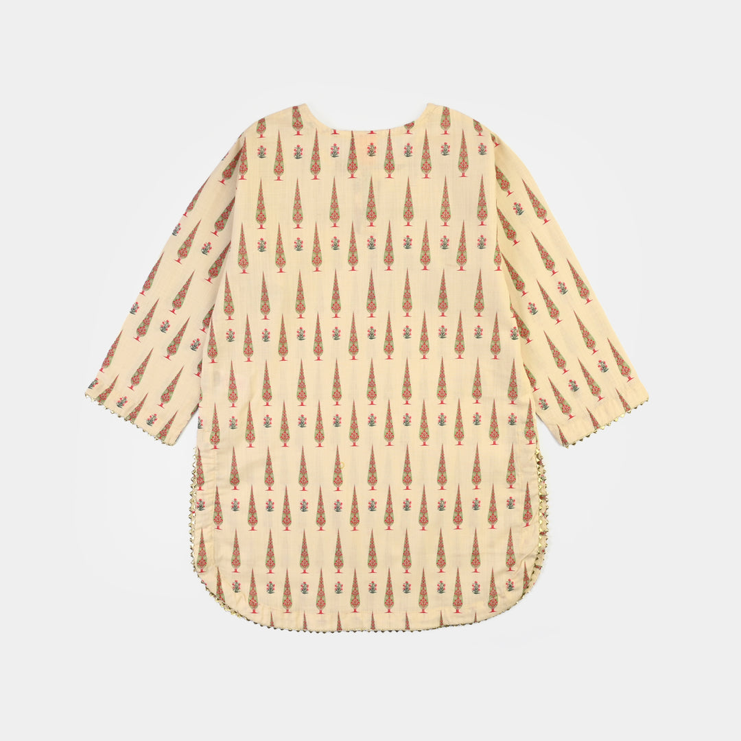 Girls Cotton Printed 2 Pcs Ehtenic-Cream