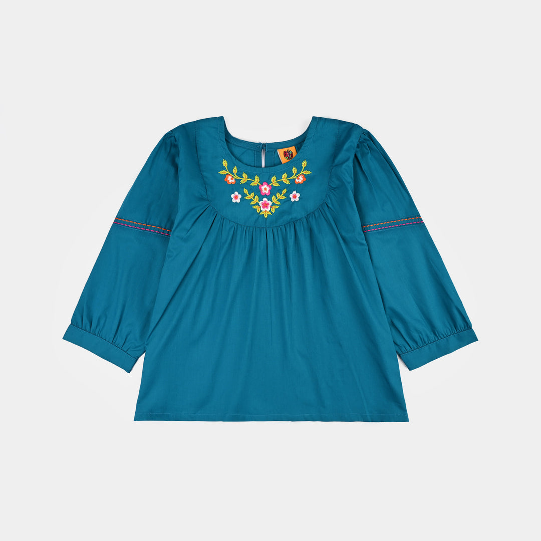 Girls Cotton Poplin Emb Top Teal