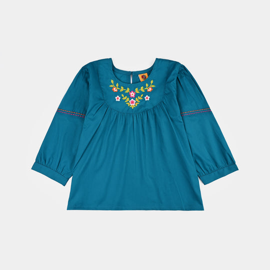 Girls Cotton Poplin Emb Top Teal