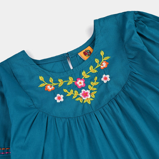 Girls Cotton Poplin Emb Top Teal