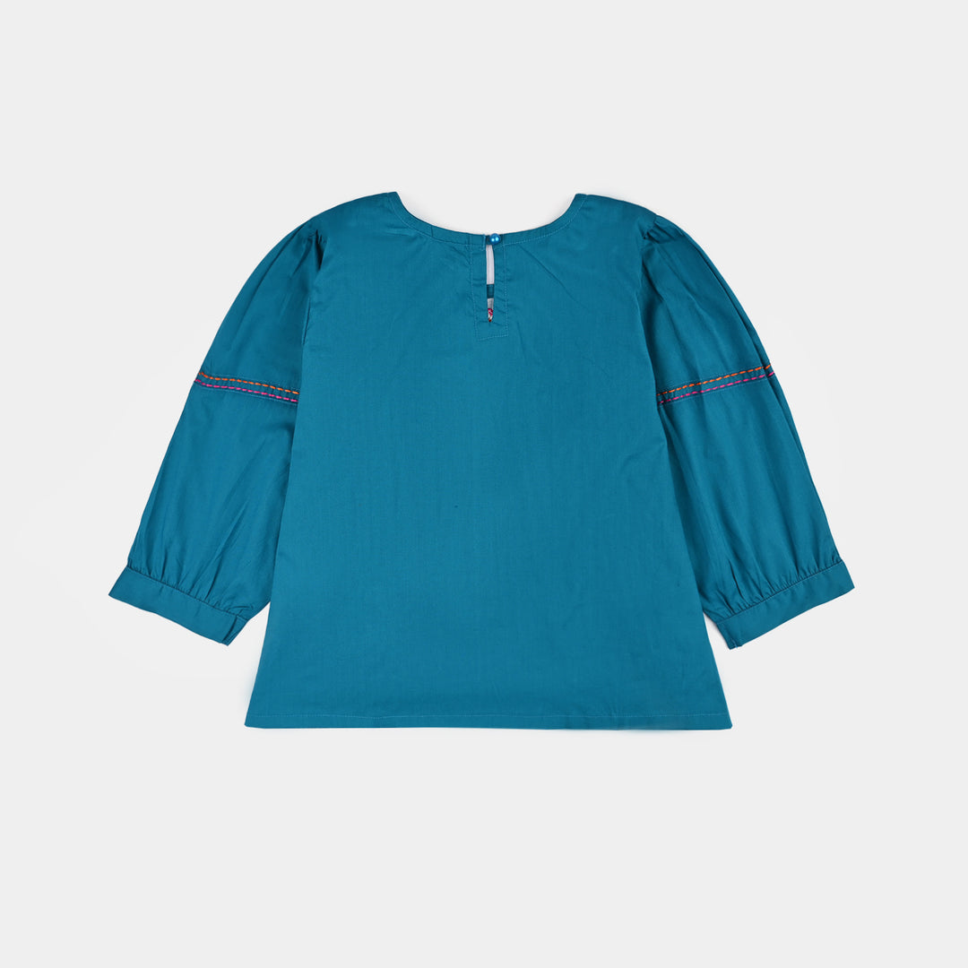 Girls Cotton Poplin Emb Top Teal