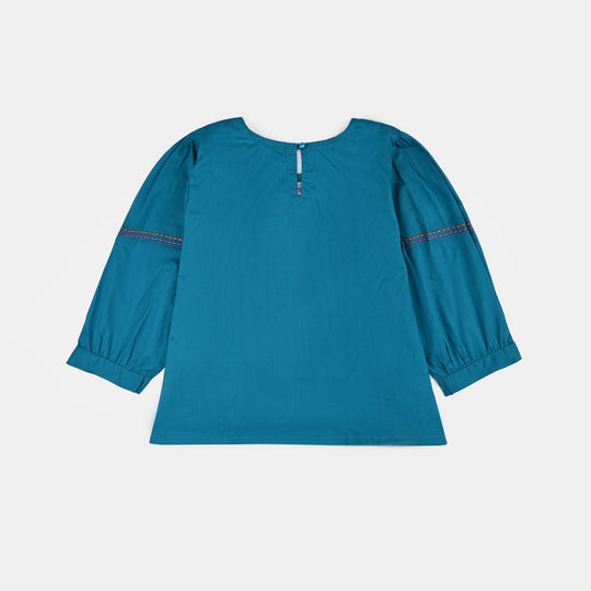Girls Cotton Poplin Emb Top Teal