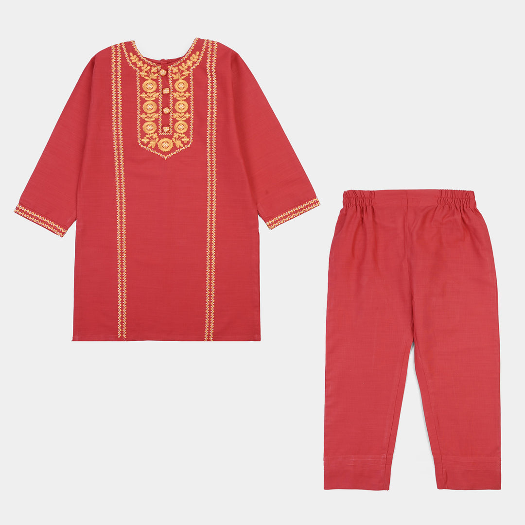 Girls Cotton Emb 2Pcs Zimal-RED