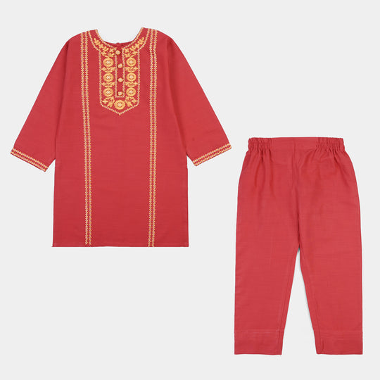 Girls Cotton Emb 2Pcs Zimal-RED