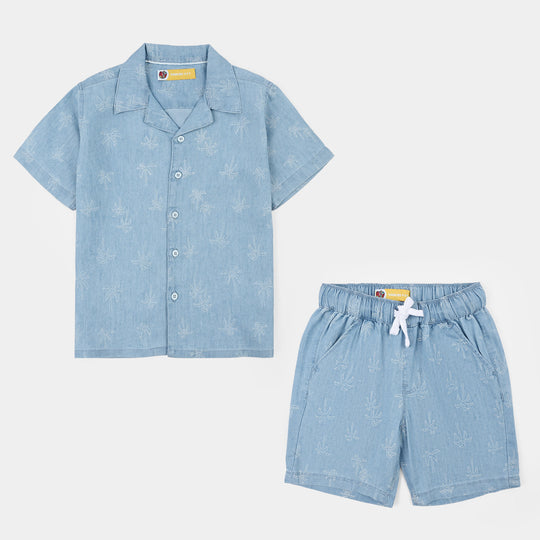 Boys Tensile Denim (Light Denim) Woven Suit-Palm Trees-Blue