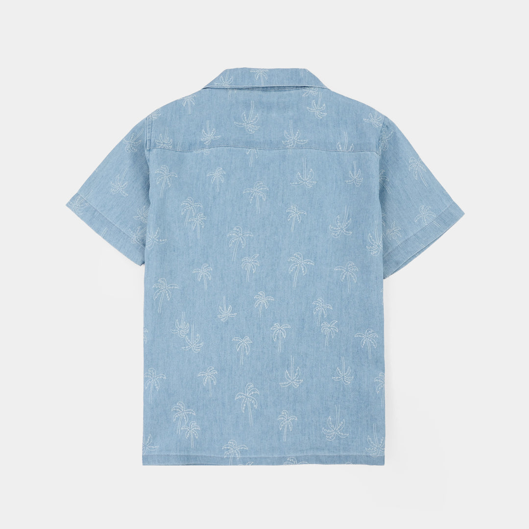 Boys Tensile Denim (Light Denim) Woven Suit-Palm Trees-Blue