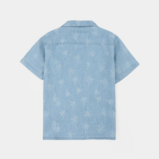 Boys Tensile Denim (Light Denim) Woven Suit-Palm Trees-Blue