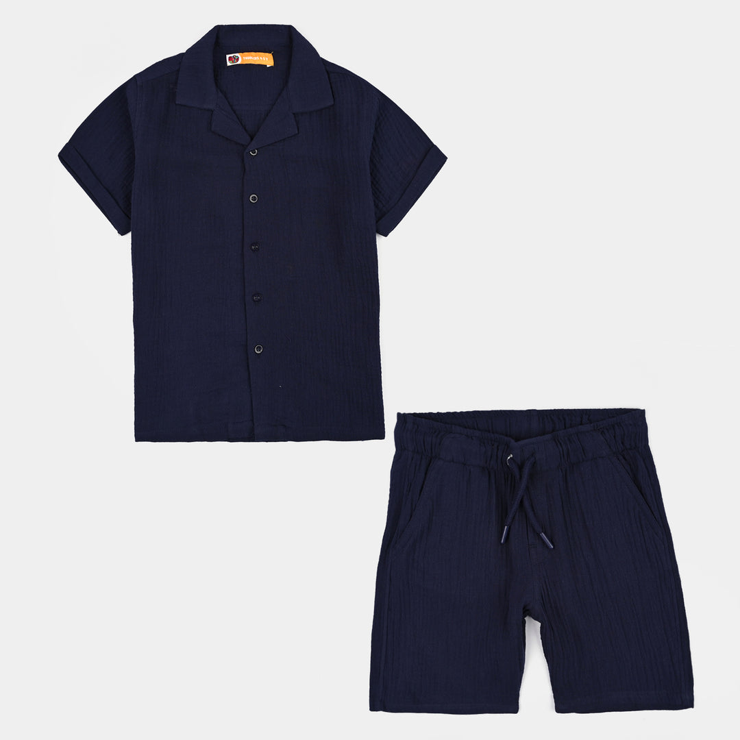 Boys Gauze Woven Suit-Basic Cuban-NAVY