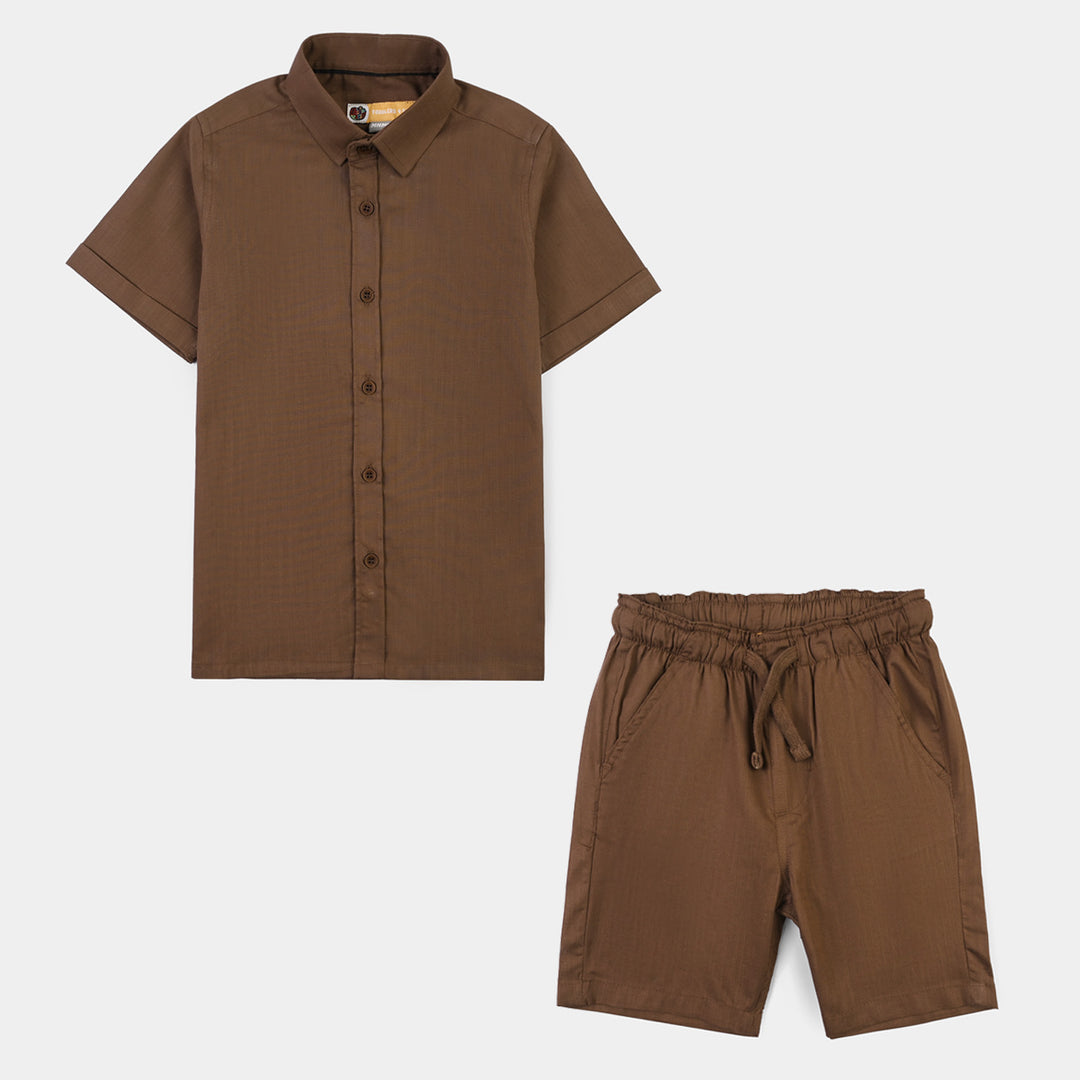 Boys Cotton Slub Woven Suit-Solid Brown