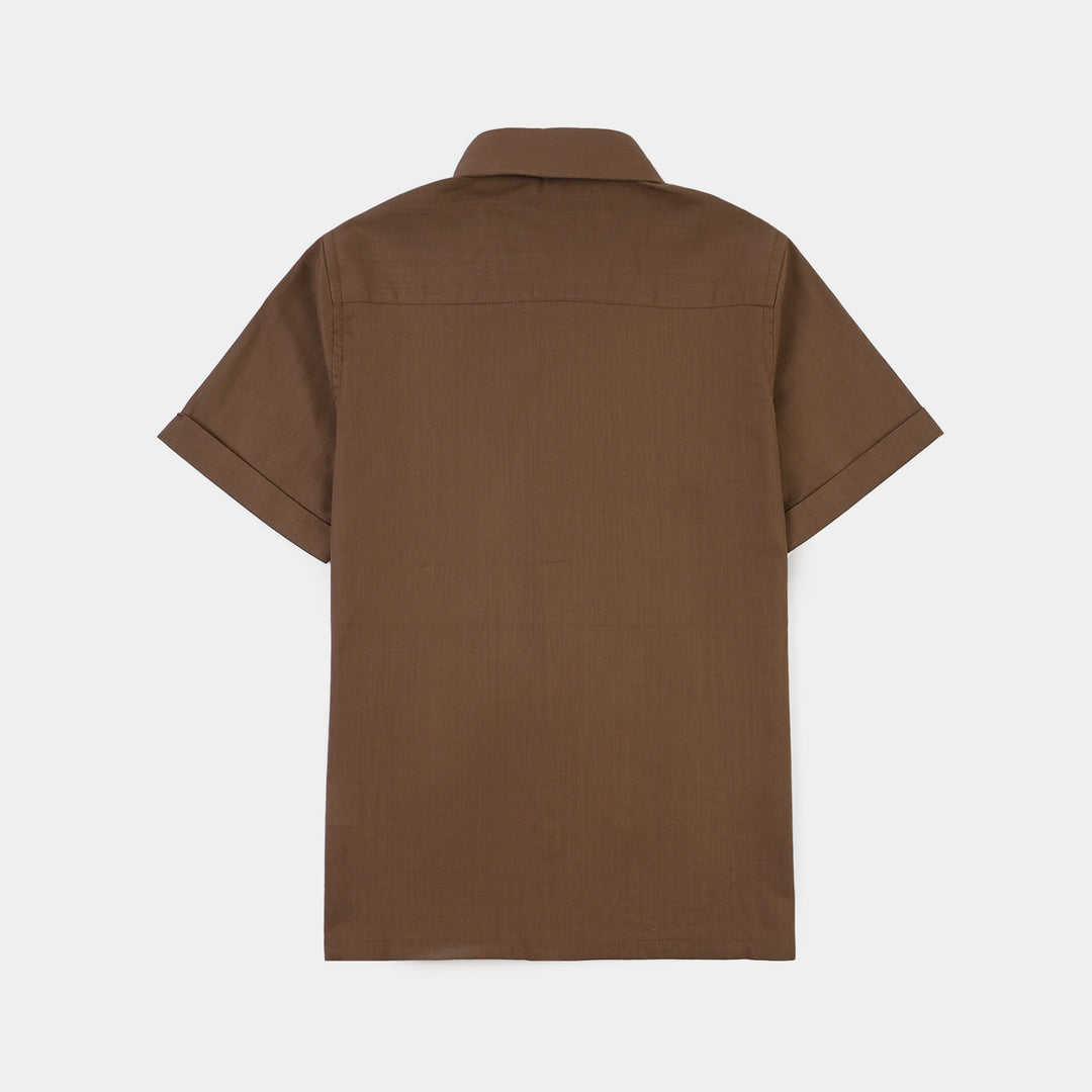 Boys Cotton Slub Woven Suit-Solid Brown
