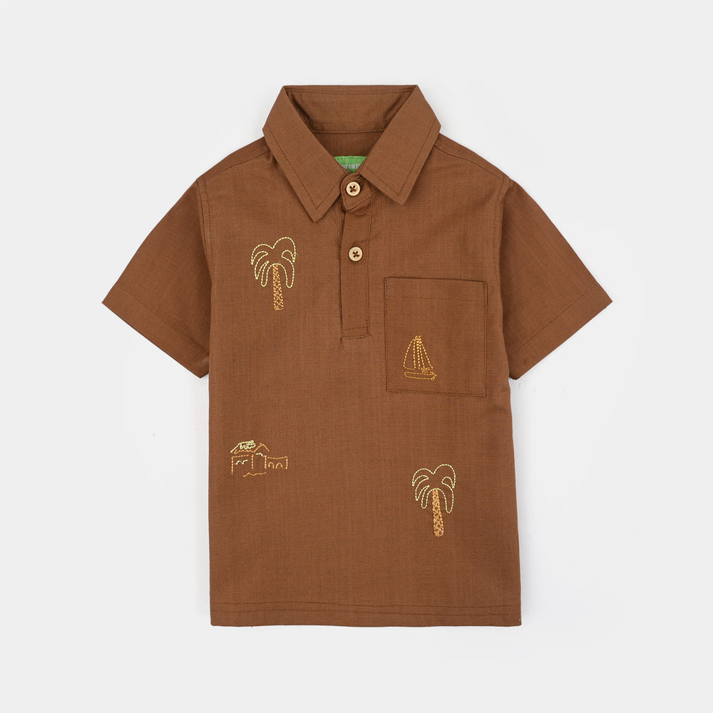 Infant Boys Cotton Slub Woven Suit - BROWN