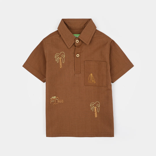 Infant Boys Cotton Slub Woven Suit - BROWN