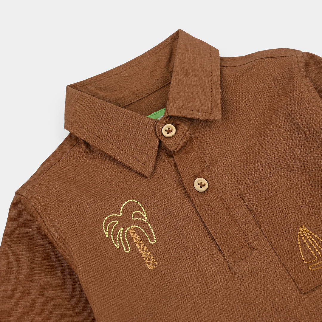 Infant Boys Cotton Slub Woven Suit - BROWN