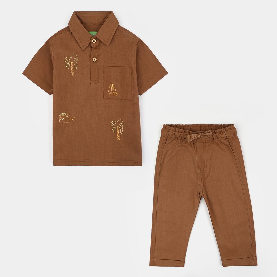 Infant Boys Cotton Slub Woven Suit - BROWN