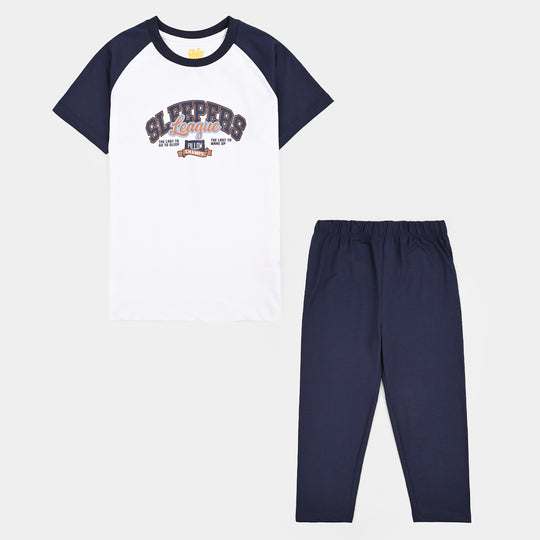 Boys PC Jersey Night Suit SLEEPERS-White/Blue
