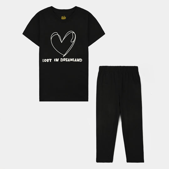 Girls PC Jersey Night Suit DREAM land-BLACK