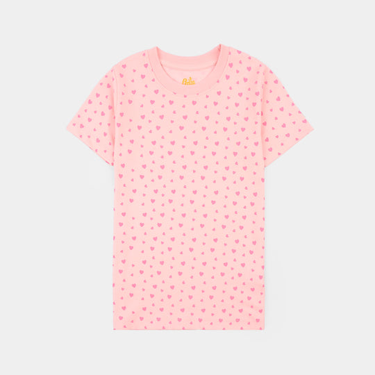 Girls Poly Cotton Jersey Night Suit HEARTS-Pink