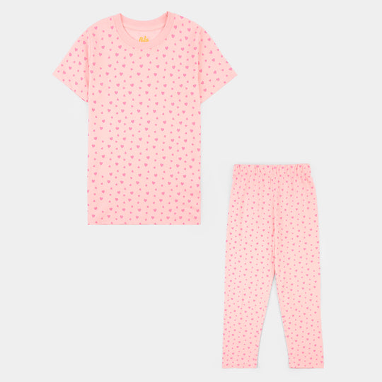 Girls Poly Cotton Jersey Night Suit HEARTS-Pink