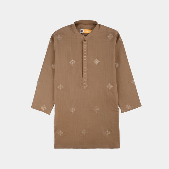 Boys Cotton Slub EMB Kurta (Wood Smoke)-BROWN
