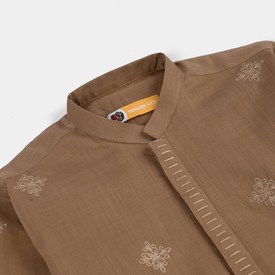 Boys Cotton Slub EMB Kurta (Wood Smoke)-BROWN