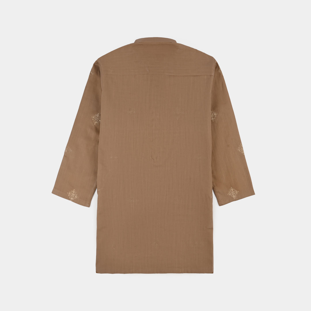 Boys Cotton Slub EMB Kurta (Wood Smoke)-BROWN