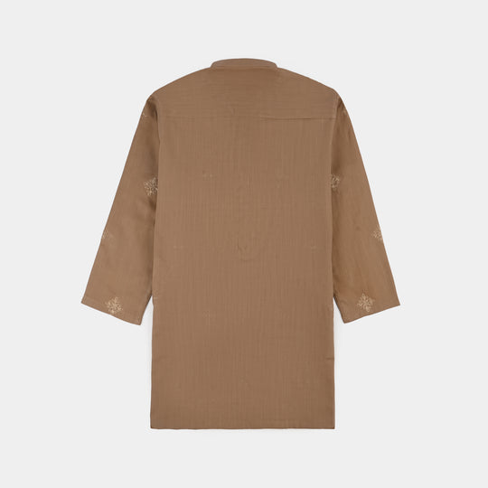 Boys Cotton Slub EMB Kurta (Wood Smoke)-BROWN