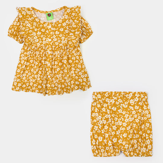 Infant Girls Cotton 2Pc Suit Daisy- Mustard