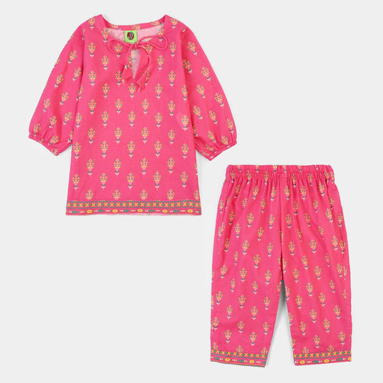 Infant Girls Cotton Printed 2Pcs Gulaab-Pink