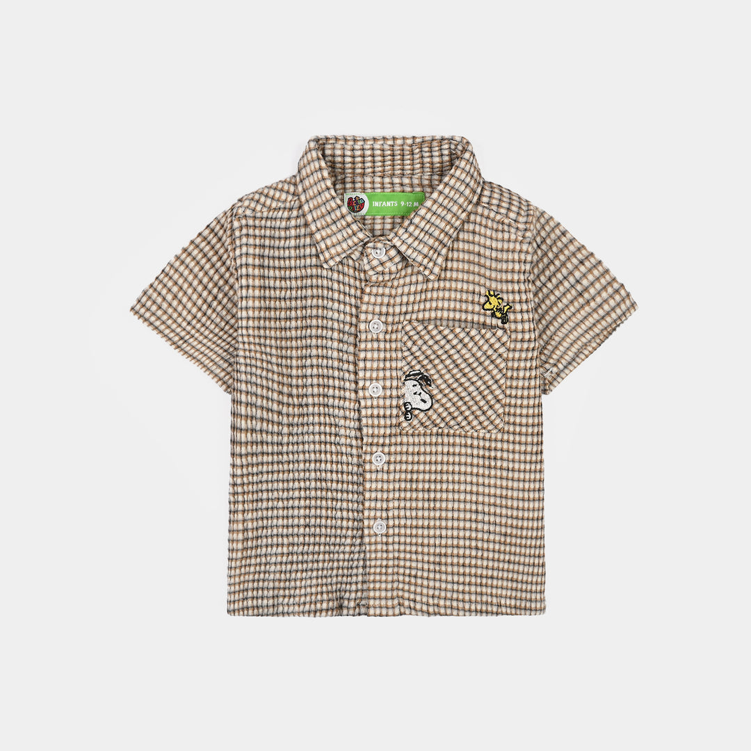 Infant Boys Yarn Dyed Shirt (Character Pocket)-BROWN