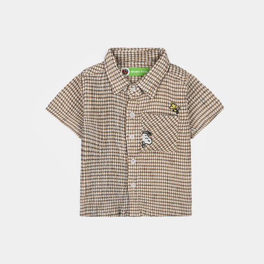 Infant Boys Yarn Dyed Shirt (Character Pocket)-BROWN