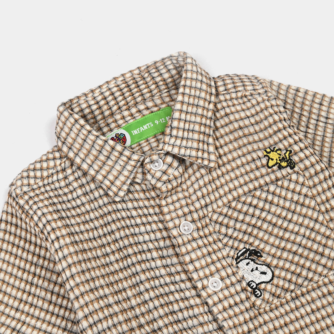 Infant Boys Yarn Dyed Shirt (Character Pocket)-BROWN
